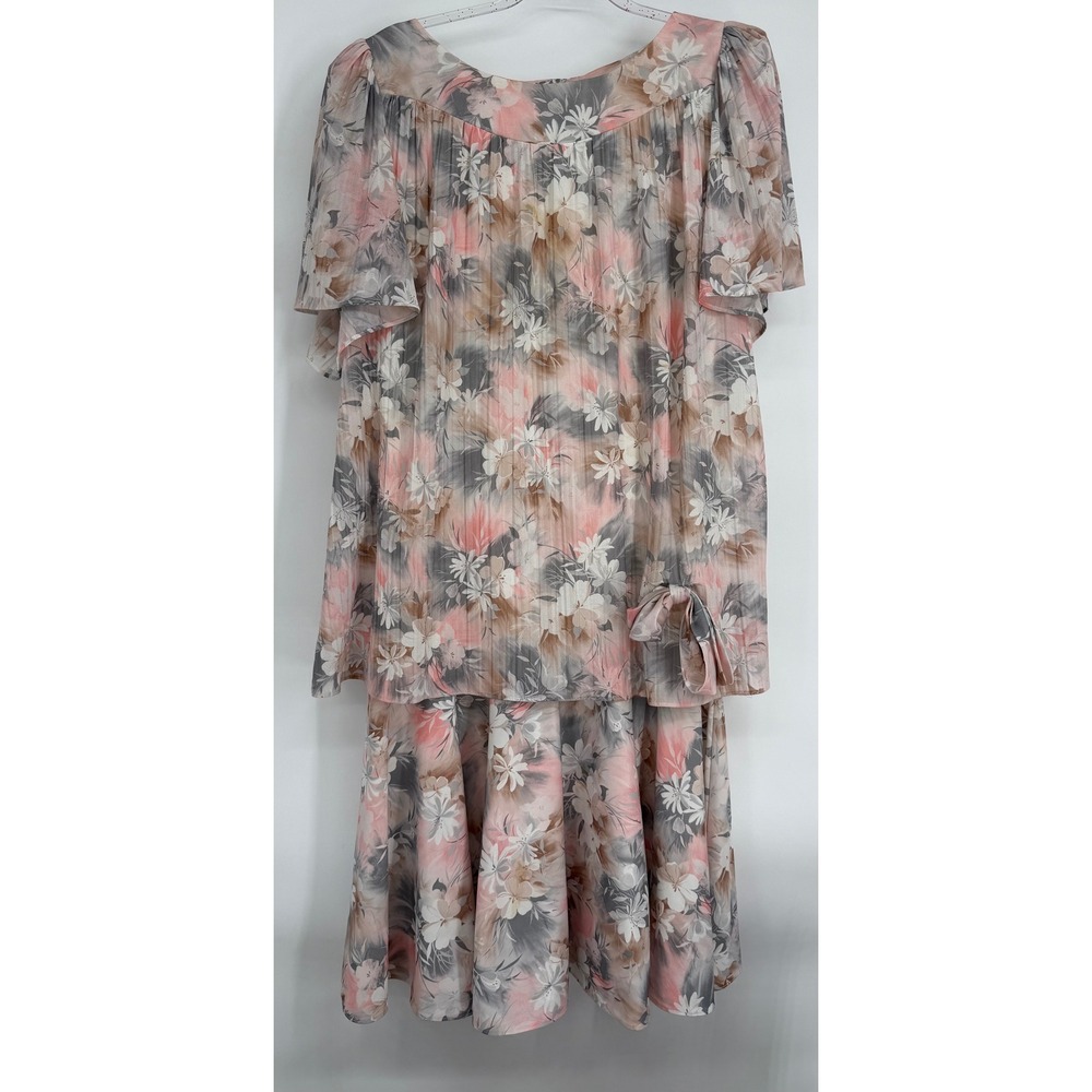 Vintage MCS Ltd NY Floral Two Piece Skirt Set Pink Grey Pleated Womens Sz 16W